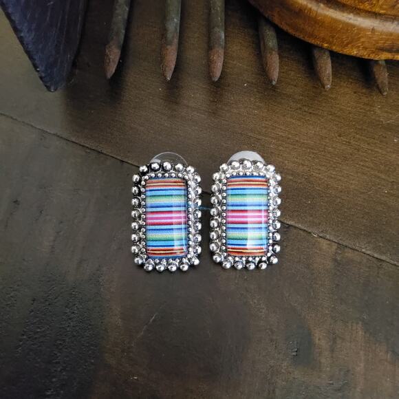 Western Rectangle Burnished Silver Stud Earrings Colorful Stripe - Picture 5 of 9